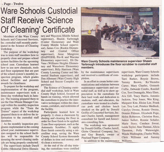 Ware Schools Custodial Staff Receive 'Science of Cleaning' Certificate