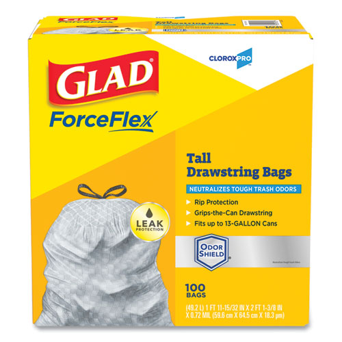 ForceFlex Tall Kitchen Drawstring Trash Bags, 13 gal, 0.72 mil, 23.75 x  24.88, Gray, 100/Box