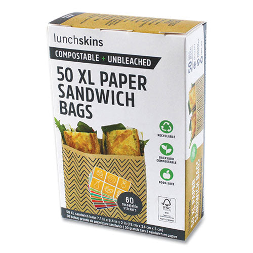 Xl Sandwich Bag With Resealable Stickers, 7.1 X 2 X 9.1, Kraft With Black Chevron Pattern, 50/box