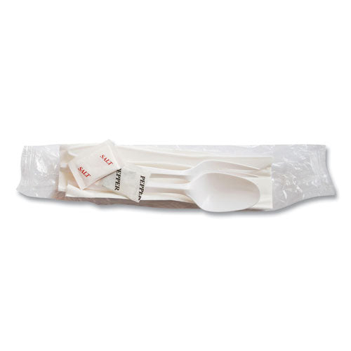 Mediumweight Cutlery Kit, Plastic Fork/spoon/knife/salt/pep/napkin, White, 250/carton