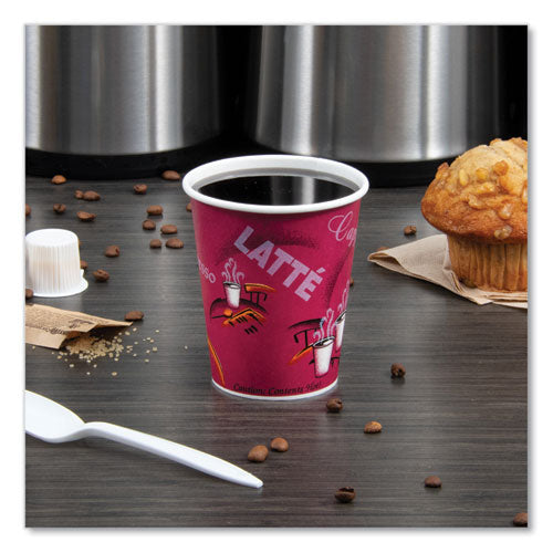 Paper Hot Drink Cups In Bistro Design, 10 Oz, Maroon, 50/pack