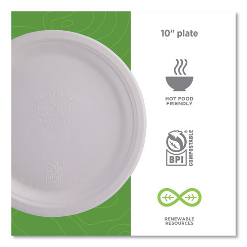 Vanguard Renewable And Compostable Sugarcane Plates, 10" Dia, White, 500/carton