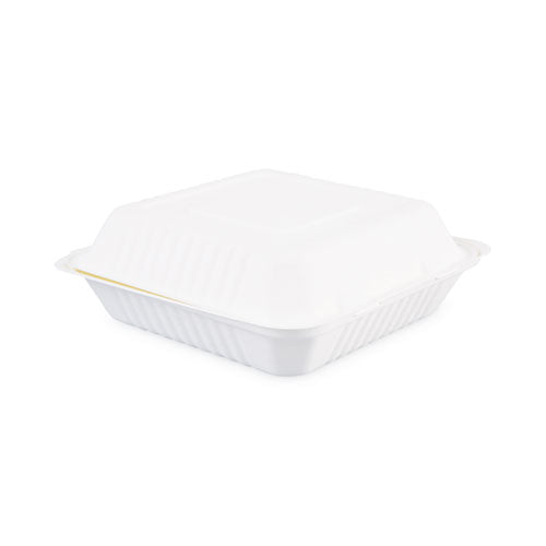 Bagasse Food Containers, Hinged-lid, 1-compartment 9 X 9 X 3.19, White,  Sugarcane, 100/sleeve, 2 Sleeves/carton