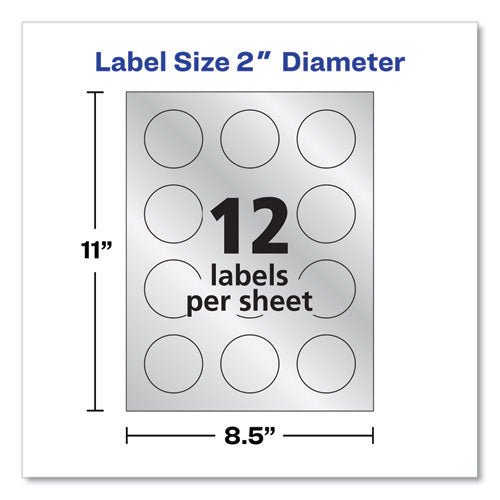 Round Labels, Inkjet Printers, 2" Dia, Silver, 12/sheet, 8 Sheets/pack