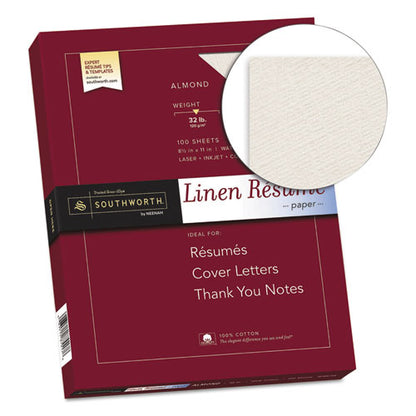 100% Cotton Premium Weight Linen Resume Paper, 32 Lb Bond Weight, 8.5 X 11, Almond, 100/pack