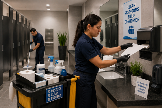 Commercial janitorial staff restocking restroom supplies and cleaning high-traffic restroom facilities in Atlanta