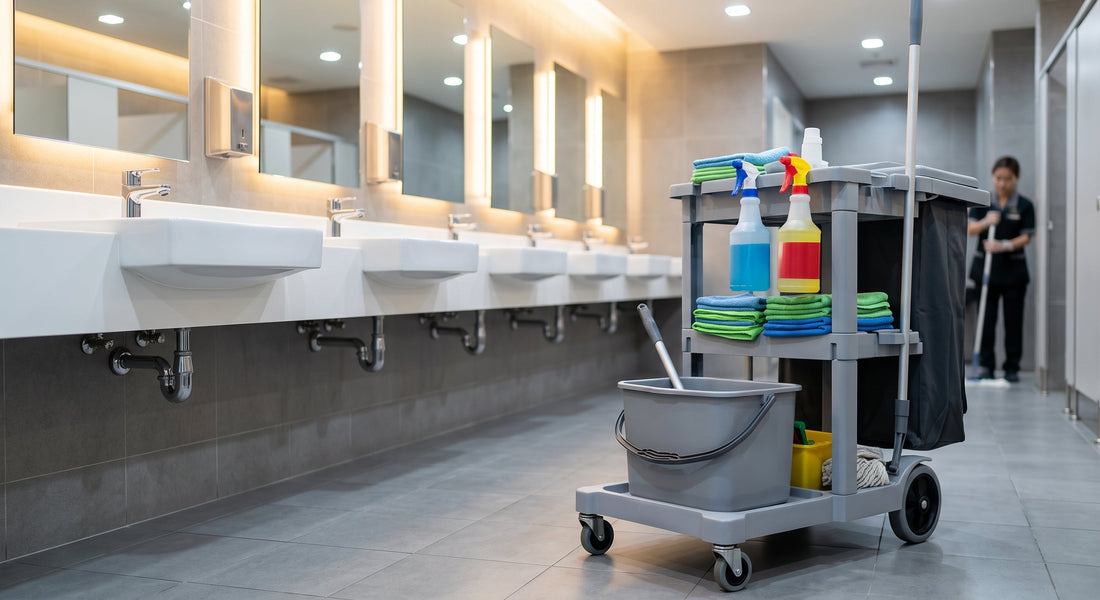 A professional janitor cleaning a modern commercial restroom sink, demonstrating the effective use of acidic and alkaline cleaning chemicals.