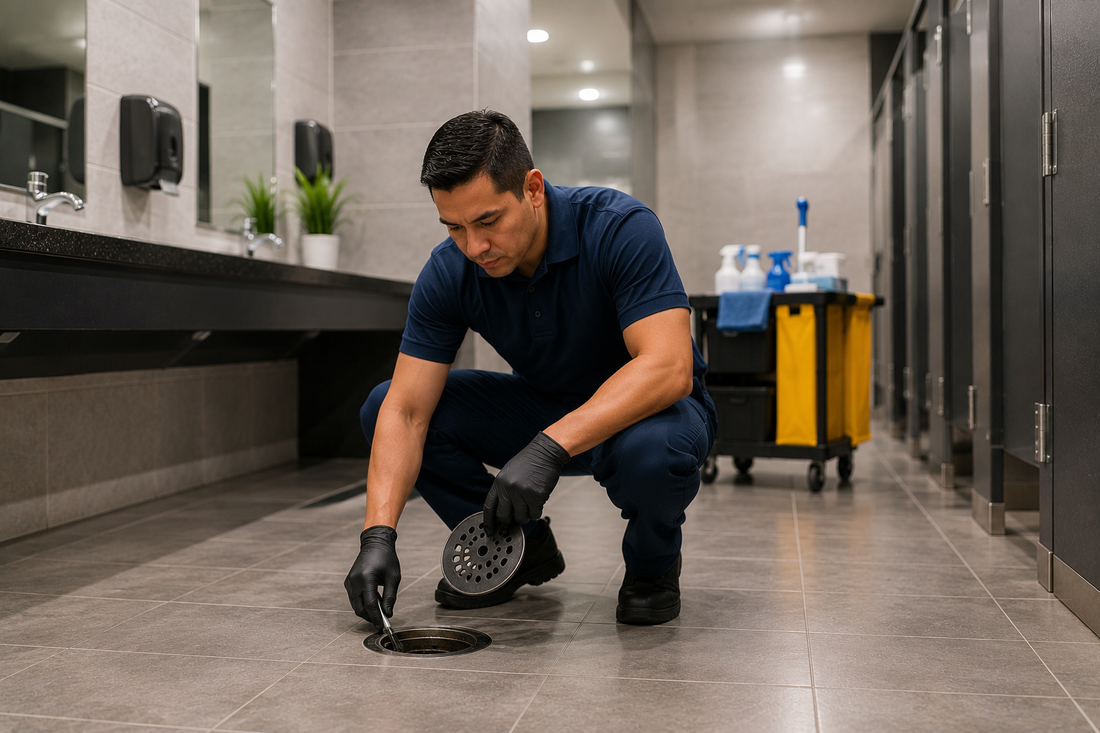Commercial janitorial worker cleaning a restroom floor drain to prevent odors inside a modern high-traffic facility in Atlanta