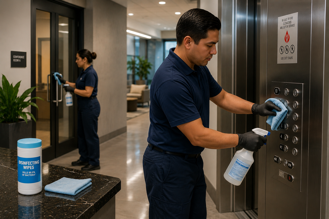 Commercial janitorial worker disinfecting elevator buttons and high-touch surfaces inside a modern Atlanta office building