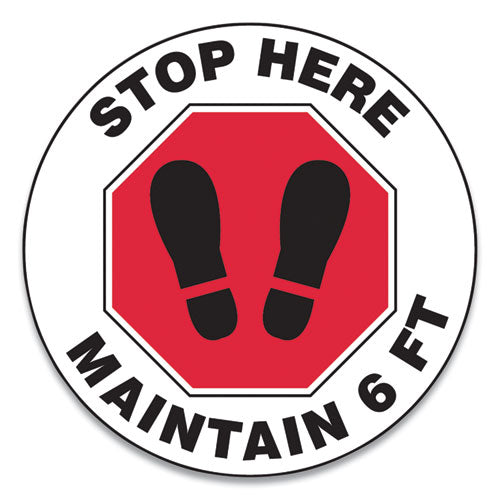 Slip-gard Social Distance Floor Signs, 17" Circle, "stop Here Maintain 6 Ft", Footprint, Red/white, 25/pack