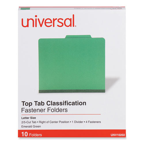 Bright Colored Pressboard Classification Folders, 2" Expansion, 1 Divider, 4 Fasteners, Letter Size, Emerald Green, 10/box