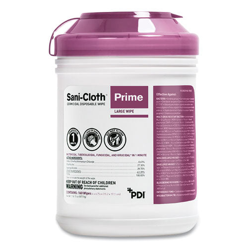 Sani-cloth Prime Germicidal Disposable Wipes, Large, 1-ply, 6 X 6.75, Unscented, White, 160/canister, 12 Canisters/carton