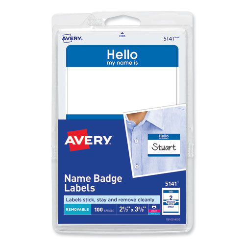Printable Adhesive Name Badges, 3.38 X 2.33, Blue "hello", 100/pack