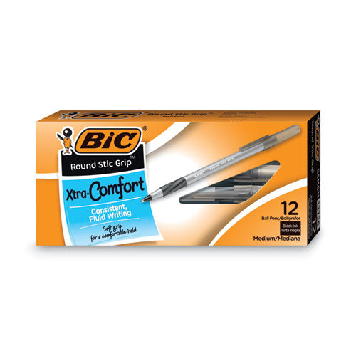 Round Stic Grip Xtra Comfort Ballpoint Pen, Easy-glide, Stick, Medium 1.2 Mm, Black Ink, Gray/black Barrel, Dozen