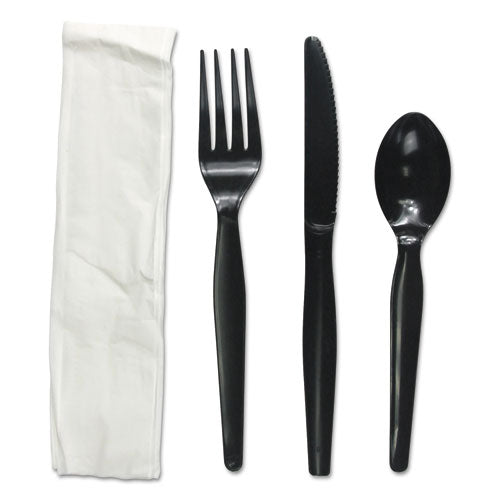 Four-piece Cutlery Kit, Fork/knife/napkin/teaspoon, Heavyweight, Black, 250/carton