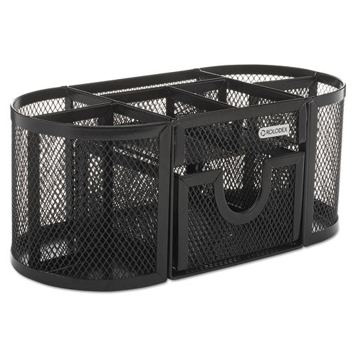 Mesh Oval Pencil Cup Organizer, 4 Compartments, Steel, 9.38 X 4.5 X 4, Black