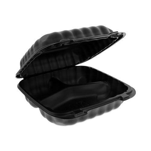 Earthchoice Smartlock Microwavable Mfpp Hinged Lid Container, 3-compartment, 8.3 X 8.3 X 3.4, Black, Plastic, 200/carton