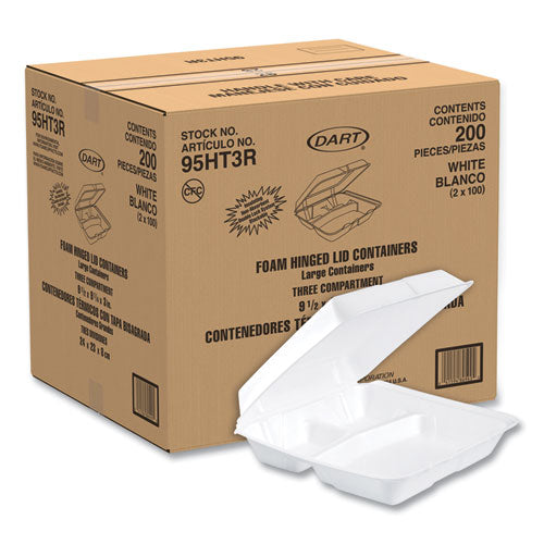 Foam Hinged Lid Containers, 3-compartment, 9.25 X 9.5 X 3, White, 200/carton