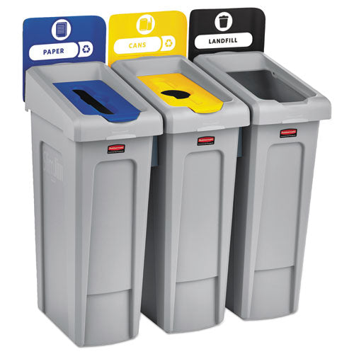 Slim Jim Recycling Station Kit, 3-stream Landfill/paper/bottles/cans, 69 Gal, Plastic, Blue/gray/yellow