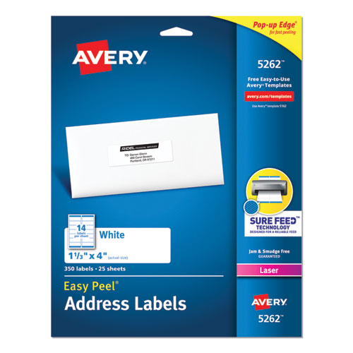 Easy Peel White Address Labels W/ Sure Feed Technology, Laser Printers, 1.33 X 4, White, 14/sheet, 25 Sheets/pack