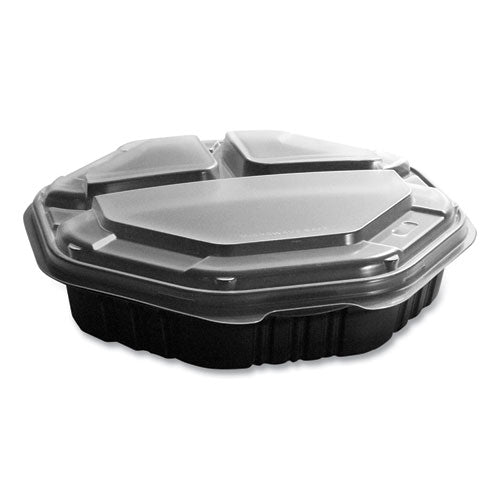 Octaview Hinged-lid Hot Food Containers, 3-compartment, 38 Oz, 9.55 X 9.1 X 2.4, Black/clear, Plastic, 100/carton