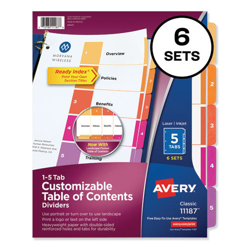 Customizable Toc Ready Index Multicolor Tab Dividers, 5-tab, 1 To 5, 11 X 8.5, White, Traditional Color Tabs, 6 Sets