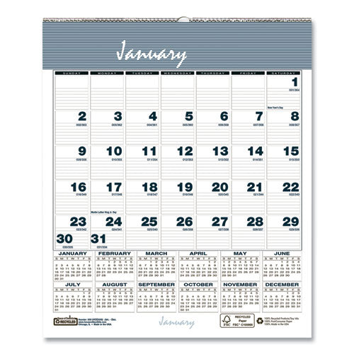 Bar Harbor Recycled Wirebound Monthly Wall Calendar, 6 X 7, White/blue/gray Sheets, 12-month (jan-dec): 2024