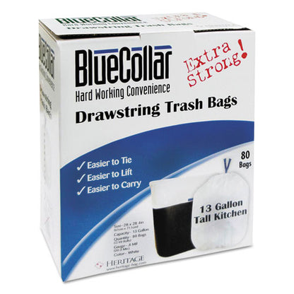 Drawstring Trash Bags, 13 Gal, 0.8 Mil, 24" X 28", White, 80 Bags/box, 6 Boxes/carton