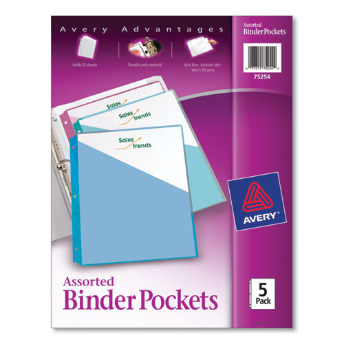 Binder Pockets, 3-hole Punched, 9.25 X 11, Assorted Colors, 5/pack