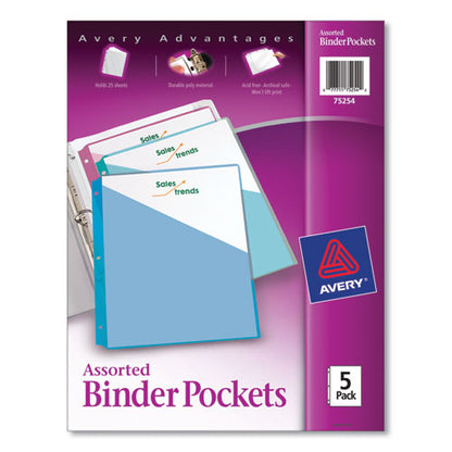 Binder Pockets, 3-hole Punched, 9.25 X 11, Assorted Colors, 5/pack