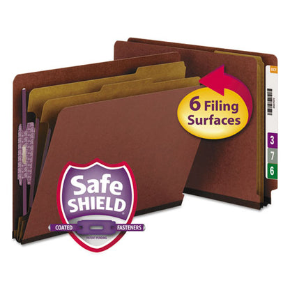 End Tab Pressboard Classification Folders, Six Safeshield Fasteners, 2" Expansion, 2 Dividers, Letter Size, Red, 10/box