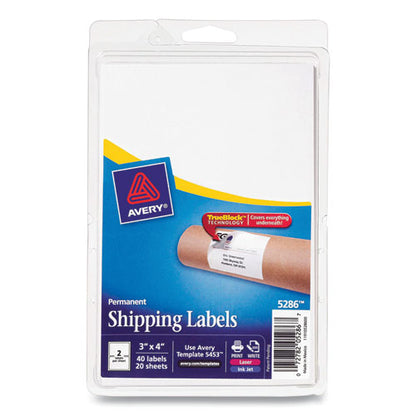 Shipping Labels With Trueblock Technology, Inkjet/laser Printers, 4 X 3, White, 2/sheet, 20 Sheets/pack