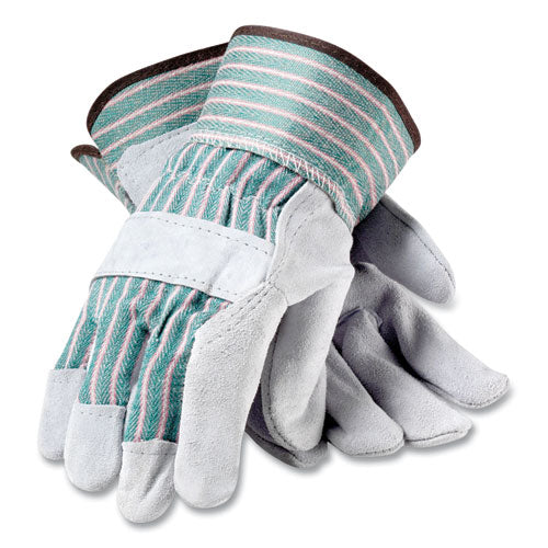 Bronze Series Leather/fabric Work Gloves, Medium (size 8), Gray/green, 12 Pairs