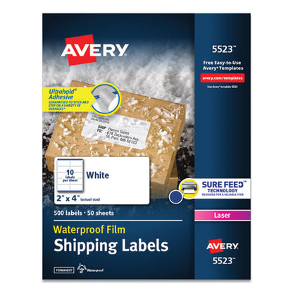 Waterproof Shipping Labels With Trueblock And Sure Feed, Laser Printers, 2 X 4, White, 10/sheet, 50 Sheets/pack