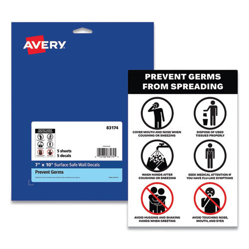 Preprinted Surface Safe Wall Decals, 7 X 10, Prevent Germs From Spreading, White/black Face, Black Graphics, 5/pack