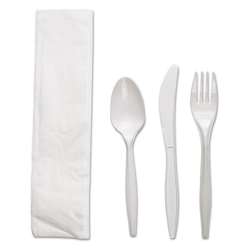 Four-piece Cutlery Kit, Fork/knife/napkin/teaspoon, White, Polypropylene, 250/carton