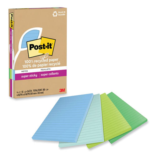 100% Recycled Paper Super Sticky Notes, Ruled, 4" X 6", Oasis, 45 Sheets/pad, 4 Pads/pack