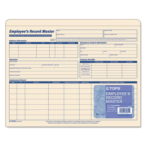 Employee Record Master File Jacket, Straight Tab, Letter Size, Manila, 15/pack
