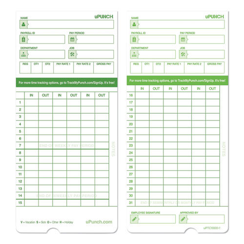 Time Clock Cards For Upunch Hn1000/hn3000/hn3600, Two Sides, 7.5 X 3.5, 100/pack