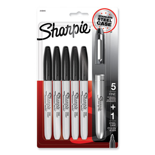 Fine Tip Permanent Marker, Stainless Steel Single Marker Case, Fine Bullet Tip, Black, 5/pack