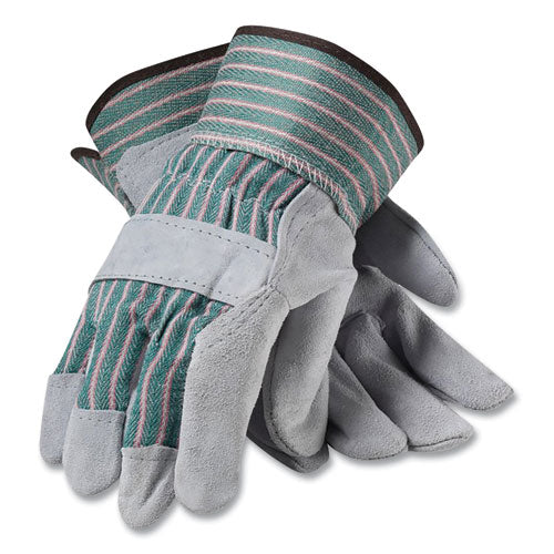 Bronze Series Leather/fabric Work Gloves, Large (size 9), Gray/green, 12 Pairs
