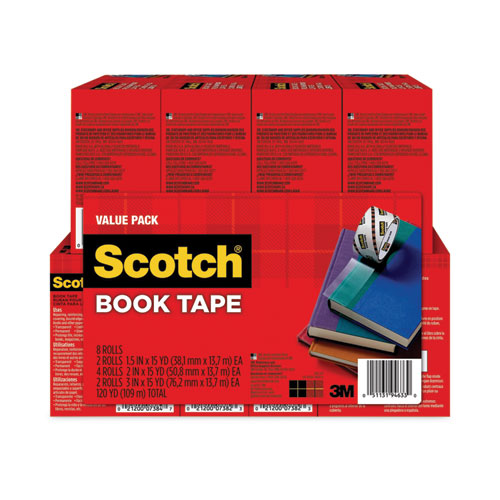Book Tape Value Pack, 3" Core, (2) 1.5" X 15 Yds, (4) 2" X 15 Yds, (2) 3" X 15 Yds, Clear, 8/pack