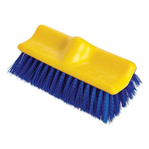 Bi-level Deck Scrub Brush, Blue Polypropylene Bristles, 10" Brush, 10" Plastic Block, Threaded Hole