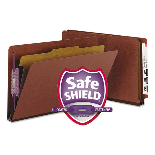 End Tab Pressboard Classification Folders, Four Safeshield Fasteners, 2" Expansion, 1 Divider, Legal Size, Red, 10/box