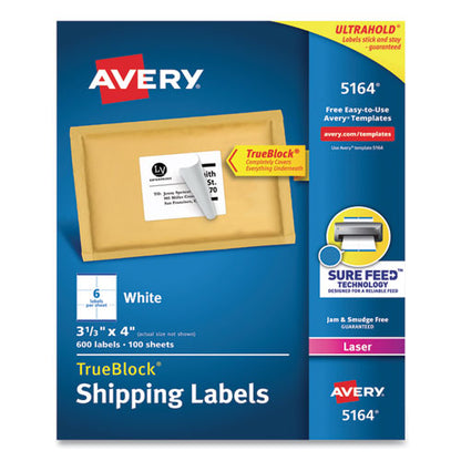 Shipping Labels W/ Trueblock Technology, Laser Printers, 3.33 X 4, White, 6/sheet, 100 Sheets/box