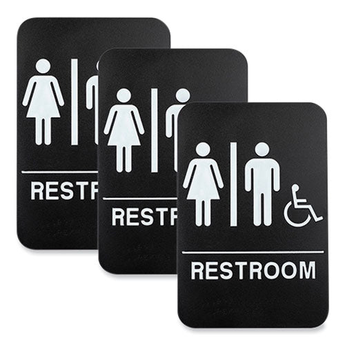 Indoor/outdoor Restroom Sign With Braille Text And Wheelchair, 6" X 9", Black Face, White Graphics, 3/pack