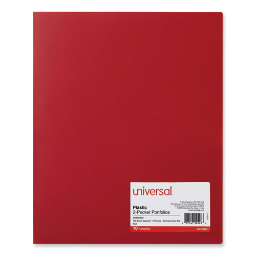 Two-pocket Plastic Folders, 100-sheet Capacity, 11 X 8.5, Red, 10/pack