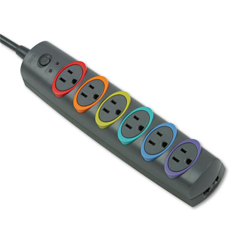 Smartsockets Color-coded Strip Surge Protector, 6 Ac Outlets, 8 Ft Cord, 1,260 J, Black