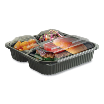 Culinary Squares 2-piece/3-compartment Microwavable Container, 21 Oz/6 Oz/6 Oz, 8.46 X 8.46 X 2.5, Clear/blk, Plastic, 150/ct