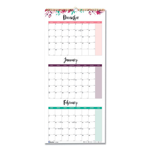 3-month Wall Calendar, Colorful Leaves Artwork, 12.25 X 27, White/multicolor Sheets, 14-month (dec To Jan): 2024